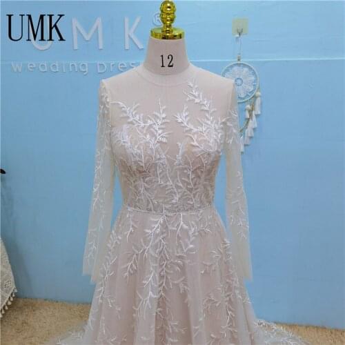 UMK Unique Lace Long Sleeve Wedding Dress Illusory A-Line Boho Bridal Gowns Vintage