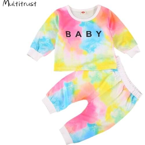 Spring Autumn Children Pants Set Baby Suit Children Girl Boy Tie Dye Print Outfits Long Sleeve Letters T-shirt Pants Clothes Set