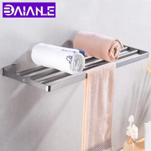 Towel Holder Stainless Steel Towel Rack Hanging Holder Wall Mounted Robe Towel Rail Hanger Storage Shelf Bathroom Hardware