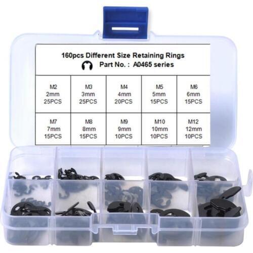 VODOOL 160Pcs/Box M2 M3 M4 M5 M6 M7 M8 M9 M10 M12 Carbon Spring Steel E-clip Snap Ring Assortment Circlip Retaining Ring Kit