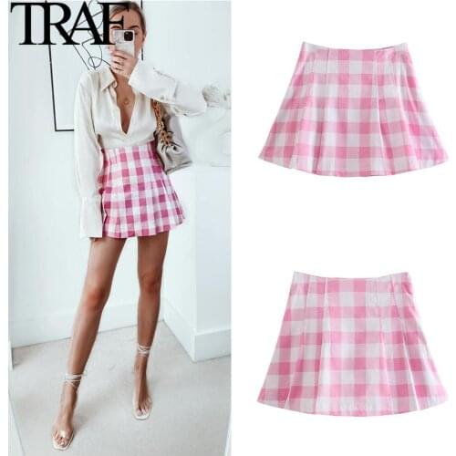 Traf Za Women Clothing Summer 2021 Office Chic High Waist Short Skirts French Fashion Mini A-line Pink Plaid Skirt