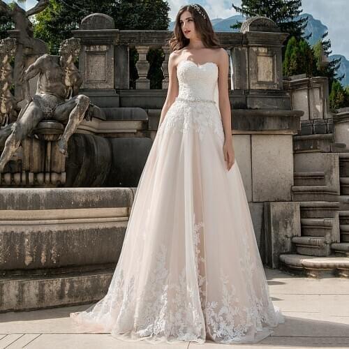 Sweetheart Appliques Lace Beads Belt Lace Up Tulle A-Line Wedding Dress 2021 Bridal Gown Vestido De Novia WD270