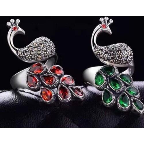 Milangirl Genuine Silver Peacock Ring Wedding Womens Jewellery With Red Garnet Natural Stone Adjustable Fine Jewelry