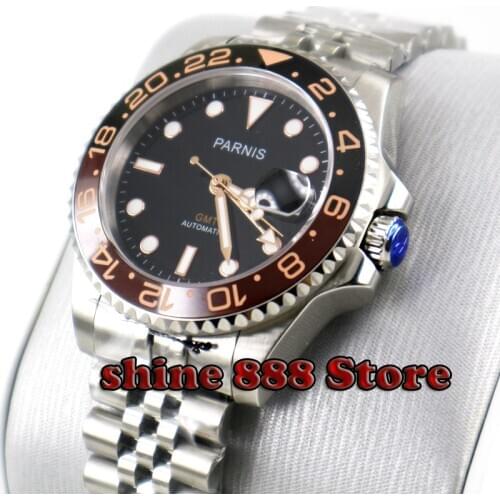 40mm PARNIS black dial black coffee ceramic bezel jubilee strap Sapphire glass GMT automatic mens watch