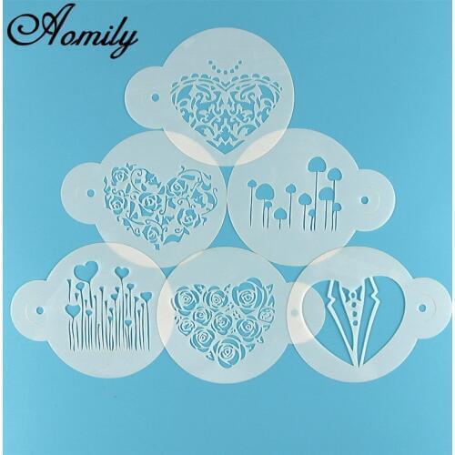 Aomily 6pcs/Set Valentines Day DIY Cake Stencils Airbrush Painting Art Molds Fondant Decorating Tools Coffee Espresso Stencils