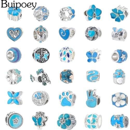 Buipoey 2pcs Blue Cyan Butterfly heart Beads Silver Color Charm For Bracelets Original Necklace Diy Womens Jewelry Accessory