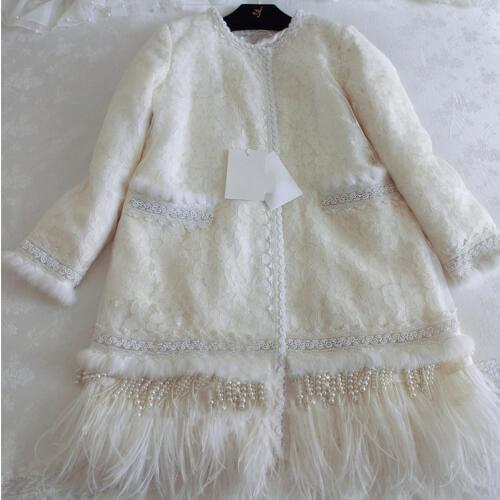 Cakucool Women Winter Autumn Jacket Feathers Lace Hollow Out Pearl Beading Outerwear Slim Cute Cotton Liner Lolita Coats Female