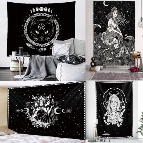 Boho Decor Tarot Card Black Cat Tapestry Wall Hanging Hippie Moon Wolf Witchcraft Decoration Skull Decor Tapestry Wall Decor