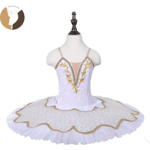 Fltoture CT18014 Simple Ballet Tutu Kid Dancewear For Ballet Competition White Tutu With Gold Decorations White Snow Costumes