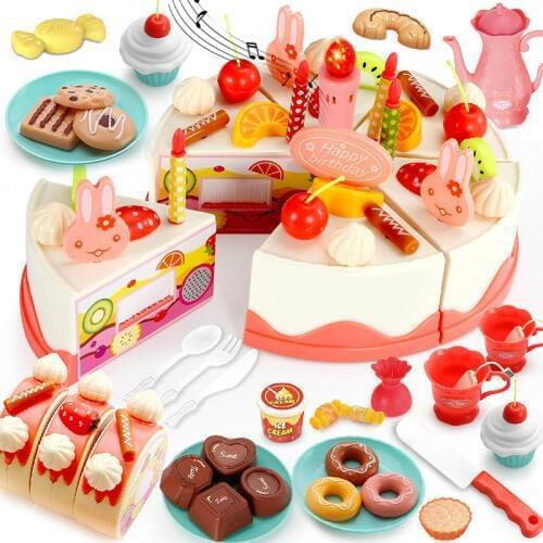 DIY 37-83PCS Birthday Cake Toy Kitchen Set Food Boys Girls Pretend Play Fruit Cutting Toys For Baby Kid Playset Educational Gift
