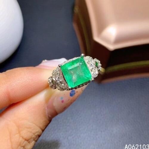 KJJEAXCMY fine jewelry 925 sterling silver inlaid natural emerald Womens luxury classic square adjustable big gem ring support