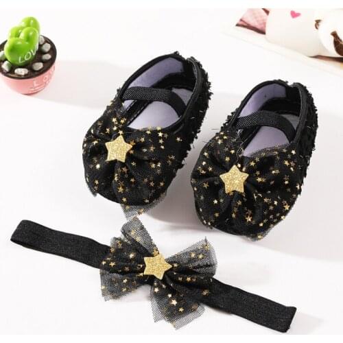 Newborn Baby Girls Shoes + Headband Set Net Yarn Bowknot Star Princess Shoe Toddler Soft Sole Walking Cotton First Walkers