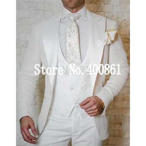 Handsome One Button Ivory Embossing Groom Tuxedos Peak Lapel Mens Party Business Suits Blazers (Jacket+Pants+Vest+Tie) W:1212