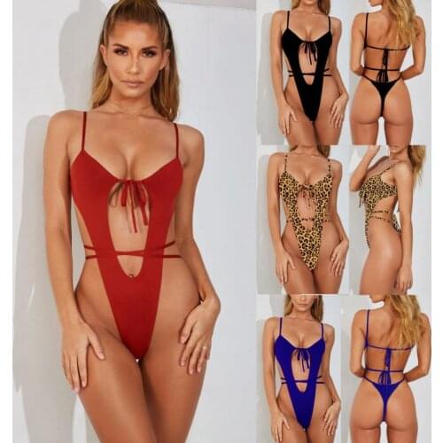 Leopard Thong Hollow Out Lace Up Swimsuit Girl Backless One Piece Swimsuit Woman Monokini Sexy Swimwear Solid Clothing