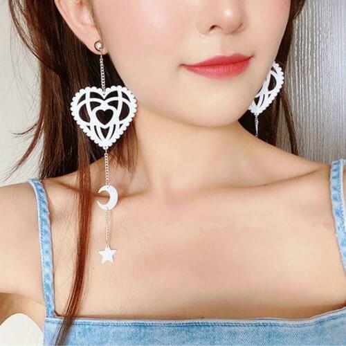 Summer White Hollow Out Heart Acrylic Drop Earrings Long Chain Star Moon Tassel Earrings For Women Fashion Jewelry Party Gifts