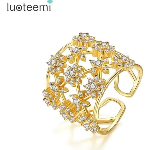 LUOTEEMI Brand Hollow Mesh Thick Rings for Women Cubic Zircon Small Flowers Fashion Statement Jewelry Dating Party Gifts