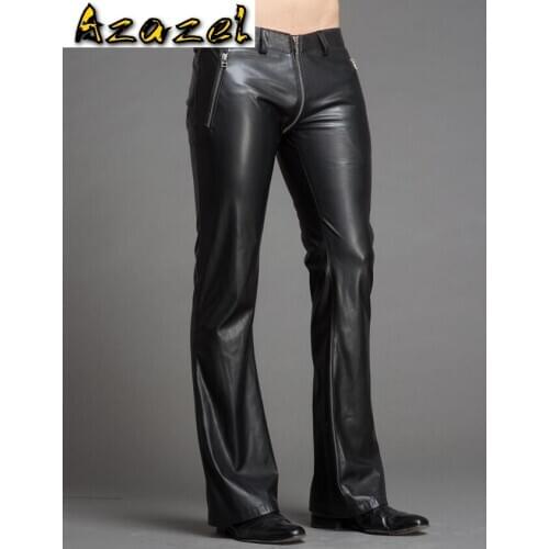Azazel Hot 2019 Mens New Slim Fashion Flares Pants Male Personality speaker Leather Pants Plus Size Men Leather Trousers 29-39