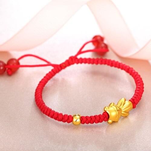 Genuine 24K Yellow Gold Lovely Fish with Round Bead Red Cord Bracelet Length from 5" to 15"