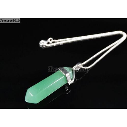 Natural Green Aventurine Gems Stones Hexagonal Pointed Healing Reiki Chakra Pendant Beads Silver 17'' Chain Necklace 5 Sets/Pack