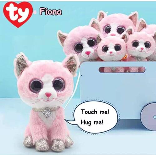 New 15cm Ty Beanie Stuffed Plush Animals Doll Fiona The Glittery Feet Ears And Pink Eyes Posh Necklace Cat Cute Collectible Gift