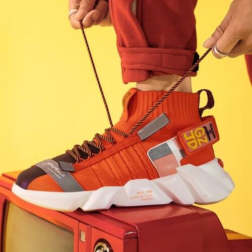 Causal Shoes Men Breathable High Top Sock Sneakers Men Mesh Thick Bottom Tenis Trainers Footwear Men Orange Shoes Zapato Hombre