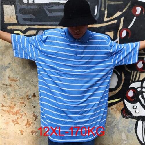 Plus Size New Summer Mens t-shirt Striped Blue t shirt men causal Turn down collar basic tshirt male high quality tops 12xl