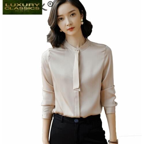 Shirt 90% Real Autumn Silk Blouse Women Fashion Womens Shirt 2021 Elegant Office Ladies Blusas Female Vintage Tops 95067