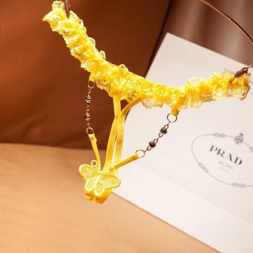 Sexy G-Strings Slimming Panties Chain Yellow Thong Butterfly Embroidery Ladies Underwear Hollow Out Woman Panties