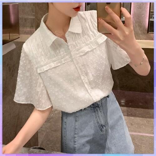 Chiffon Womens T-shirt Sweet White T-shirts 2021 Summer Tops Lace Tshirt Short Sleeved Tee Shirt Button-down Top Female