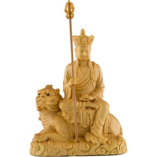 XS240-11CM Hand Carved Boxwood Carving Figurine Buddha Statue Home Decor -Dizang Buddhist Riding Kylin Feng Shui Sculpture