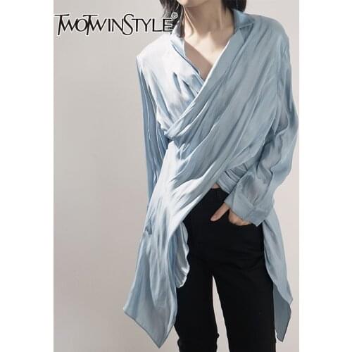 TWOTWINSTYLE Casual Blue Shirts For Women V Neck Long Sleeve Korean Irregular Ruched Slim Blouses Female 2021 Summer Fashion New