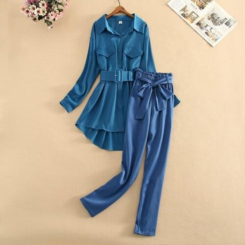 Spring shirt two-piece set womens wear slim age reduction waist bag hip chiffon shirt wide leg pants womens set