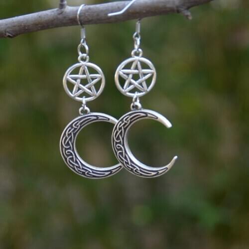 Celtics Crescent Moon Pentagram Wiccan Earring Pagan Drop Dangle Earrings