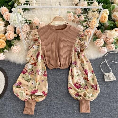 Women Autumn New Printed Bottoming Shirt Puff Sleeve Stitching Patchwork O-Neck Temperament Slim Fit Top Female Blouse UK115