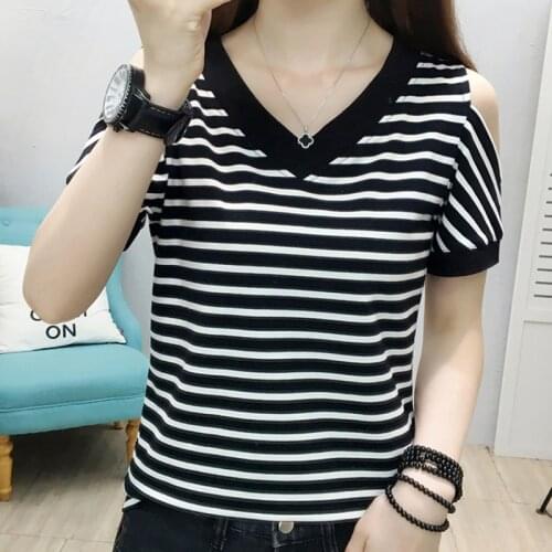 LJSXLS Summer Striped Cotton T Shirt Women Off Shoulder Casual Top V-Neck Short Sleeve Tee Shirt Femme Plus Size Womens Clothing