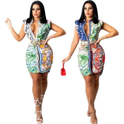 Women Summer Shirt Skirt African Clothing Casual Blouses Sexy Bodycon Dress 2021 New Sleeveless Printed Pleated Waist Skirt 2XL