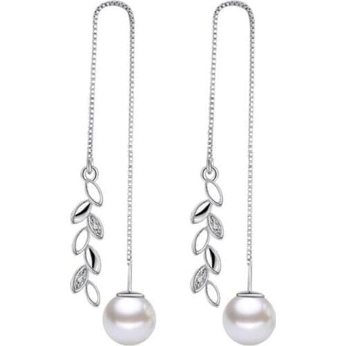 Creative Silver Colour Leaf Imitation Pearl Earrings Elegant Long Tassel Earrings for Women Party Fashion Jewelry