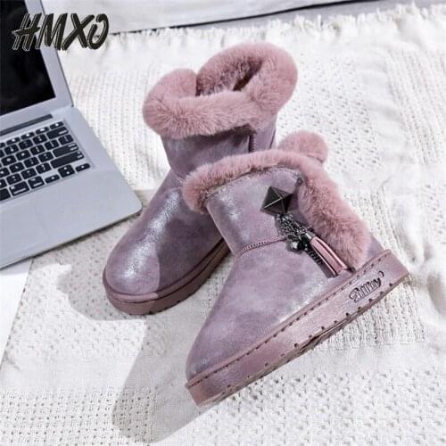 HMXO Rhinestone Buckle Women Cotton-padded Shoes Snow Boots Warm Women Boots Plus Velvet Warm Lightweight Flat Snow Boots