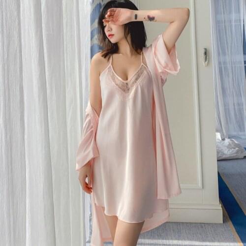 MECHCITIZ 2019 Femme Robe Gown sets Summer Silk Bathrobe Sleepwear Set Lace Satin Lingerie Mini Dress Pyjama Robes For Women