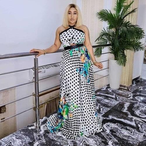 RMSFE 2021 Ladies Sleeveless Wave Dot Flower Print Hanging Neck Fashion Sexy Floor Skirt Long Dress