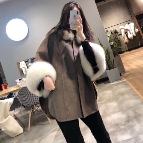 OFTBUY 2020 Winter Jacket Women Oversized Real Fox Fur Collar Coat Cashmere Wool Blends Outerwear Streetwear Thick Warm Loose