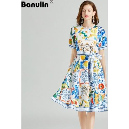 Runway 2021 Summer Midi Dress Women Stitching Lace O-Neck Short Sleeve Blue and White Porcelain Stripe Print Sashes A-Line Dress