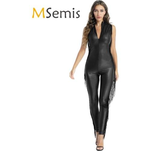 Women Latex Bodysuit Faux Leather Tassel Skinny Jumpsuits Mock Neck Sleeveless Bodysuit Slim Fit Romper Fringed Catsuit Clubwear