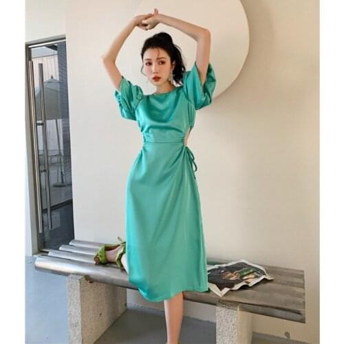 Dew Waist Puff Sleeve Dress Womens Summer 2021 New Drawstring Waist Design Sense Hollow Out Slim Bag Hip Midi Dress