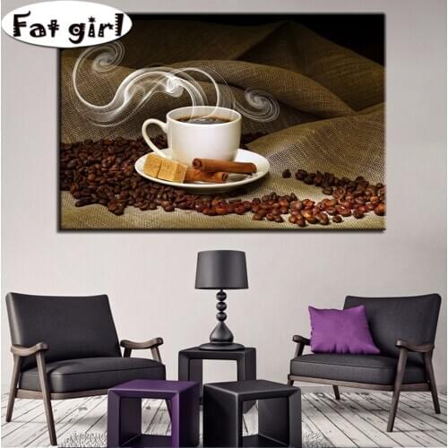 5D Embroidery Diy Diamond Painting A Cup Of Coffee Cross Stitch Mosaic Coffee Beans Full Square Round Drill Handmade Wall Decor