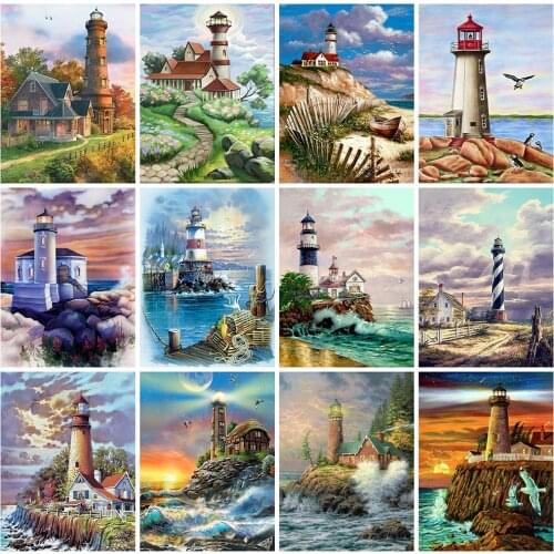 Full Drill 5D Diy Diamond Painting Landscape Sunset Diamond Embroidery Coast Tower Picture Rhinestone Mosaic Art Home Decoration