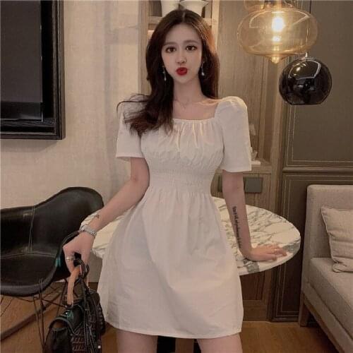White Summer 2021 Dresses for Women Office Ladis Black Folds Puff Sleeve Square Collar Dresss Korea Fashion Elegant Clothes