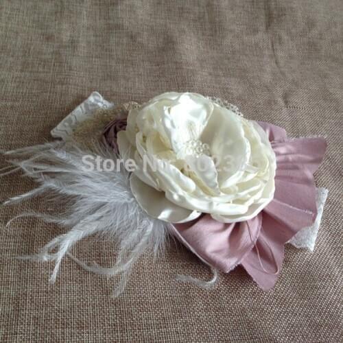 Free Shipping Ivory Ostrich Feather Big Heat Flower Dupioni Silk Rolled Flower Headband Kids Hair Accessories