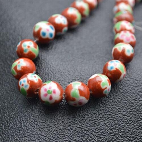 Beautiful Red Yellow Color Carved Flower Ceramics Round Loose Beads DIY Materials for Bracelet Necklace Jewelry 5strands