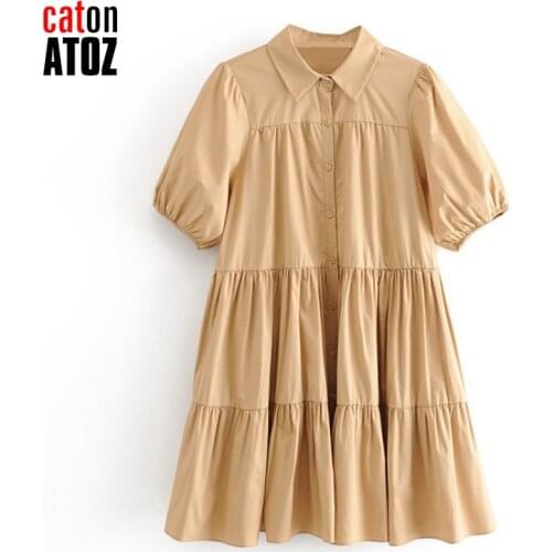 CatonATOZ 2334 New 2021 Spring And Autumn Womens Dress Solid Color Lapel Lantern Sleeve Casual Cotton Dress Kobieta Sukienka